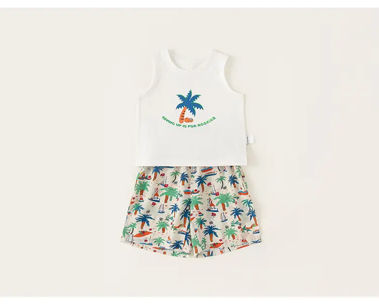 Boys T-Shirt & Beach Shorts Set White Green Cactus Print — feature 32