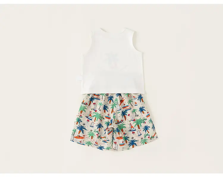 Boys T-Shirt & Beach Shorts Set White Green Cactus Print — feature 33