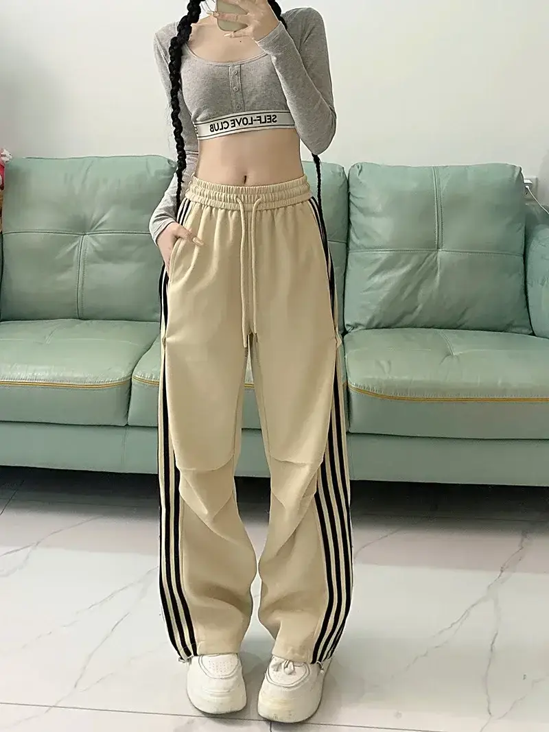 Women American Wide-leg Pants 2024 Spring Autumn Loose Straight Casual Ankle-Tied Sports Pants — feature 1