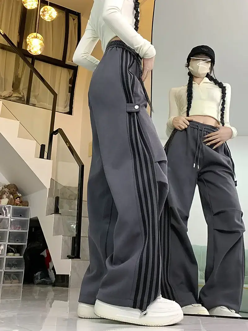 Women American Wide-leg Pants 2024 Spring Autumn Loose Straight Casual Ankle-Tied Sports Pants — feature 10