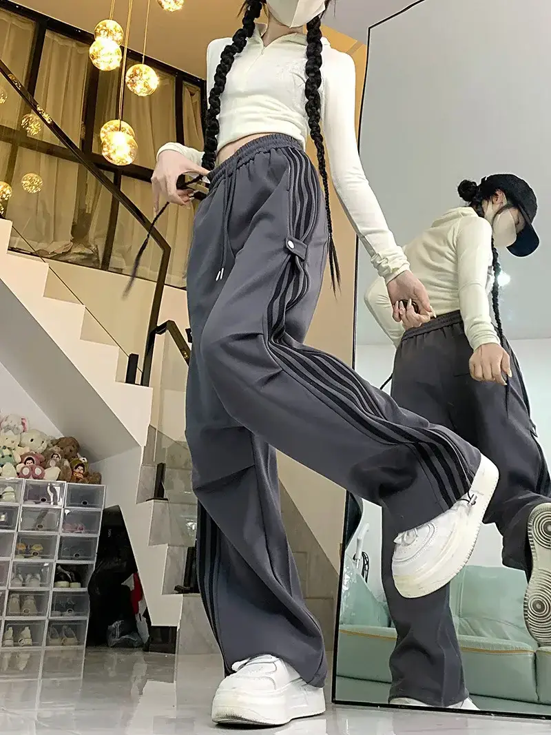 Women American Wide-leg Pants 2024 Spring Autumn Loose Straight Casual Ankle-Tied Sports Pants — feature 11