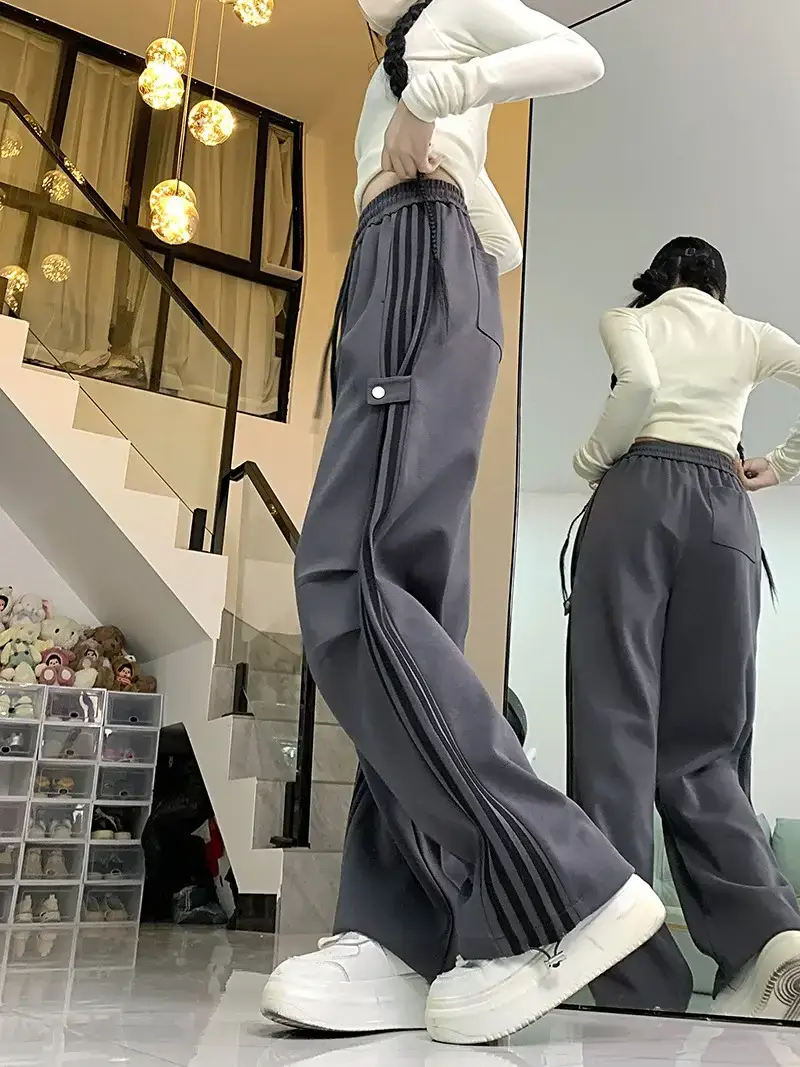 Women American Wide-leg Pants 2024 Spring Autumn Loose Straight Casual Ankle-Tied Sports Pants — feature 12