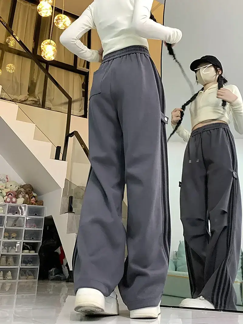 Women American Wide-leg Pants 2024 Spring Autumn Loose Straight Casual Ankle-Tied Sports Pants — feature 13