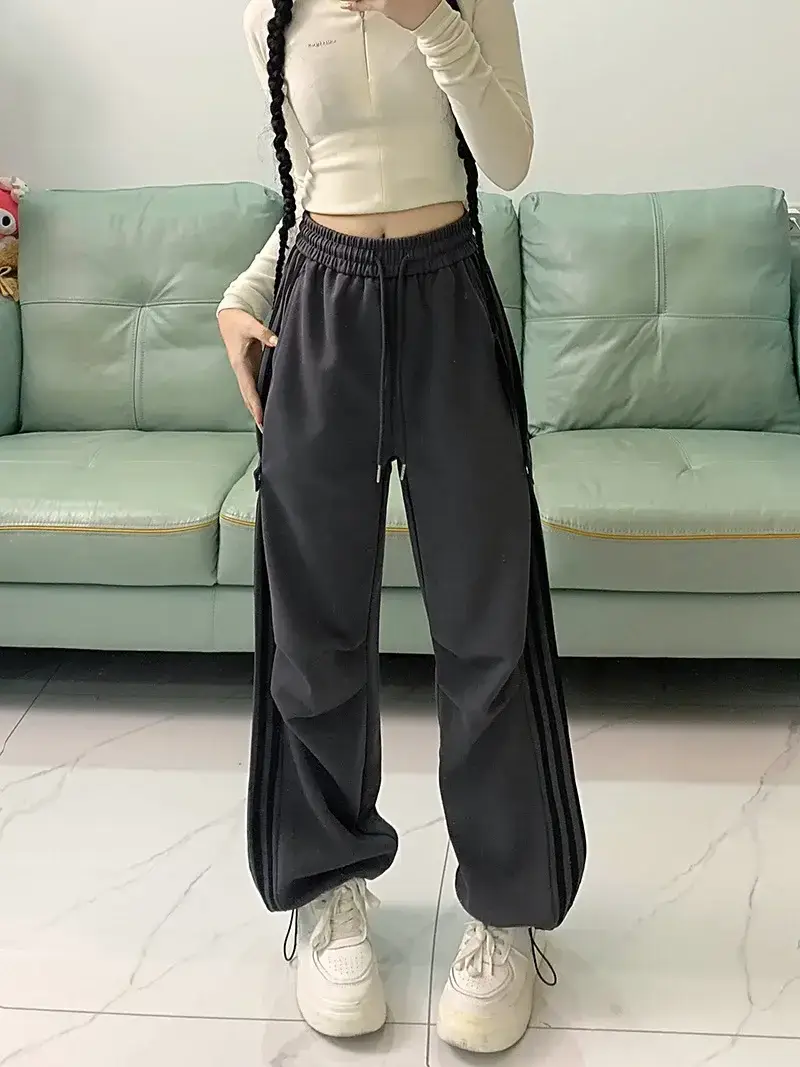 Women American Wide-leg Pants 2024 Spring Autumn Loose Straight Casual Ankle-Tied Sports Pants — feature 14