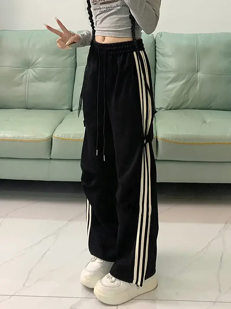 Women American Wide-leg Pants 2024 Spring Autumn Loose Straight Casual Ankle-Tied Sports Pants — feature 16