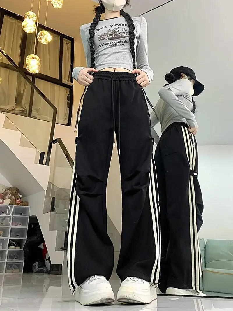 Women American Wide-leg Pants 2024 Spring Autumn Loose Straight Casual Ankle-Tied Sports Pants — feature 17