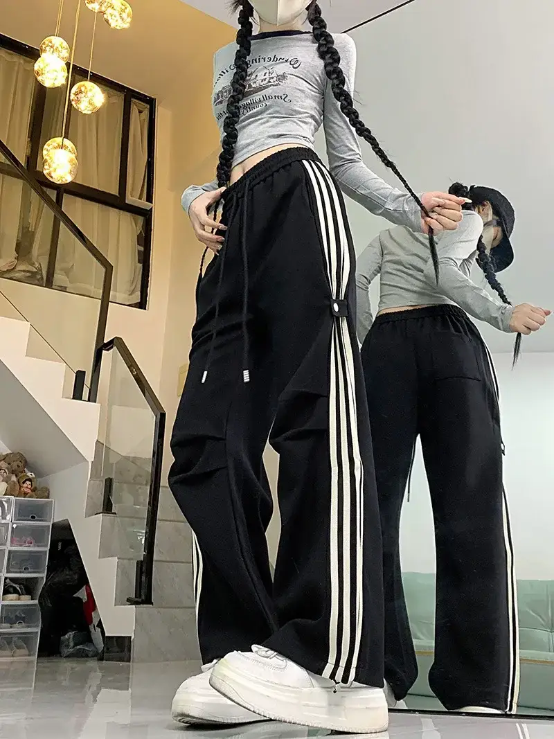 Women American Wide-leg Pants 2024 Spring Autumn Loose Straight Casual Ankle-Tied Sports Pants — feature 19
