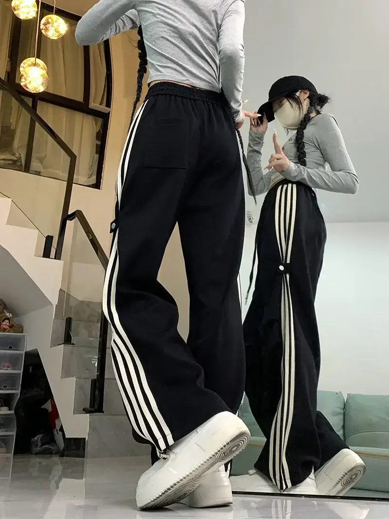 Women American Wide-leg Pants 2024 Spring Autumn Loose Straight Casual Ankle-Tied Sports Pants — feature 20