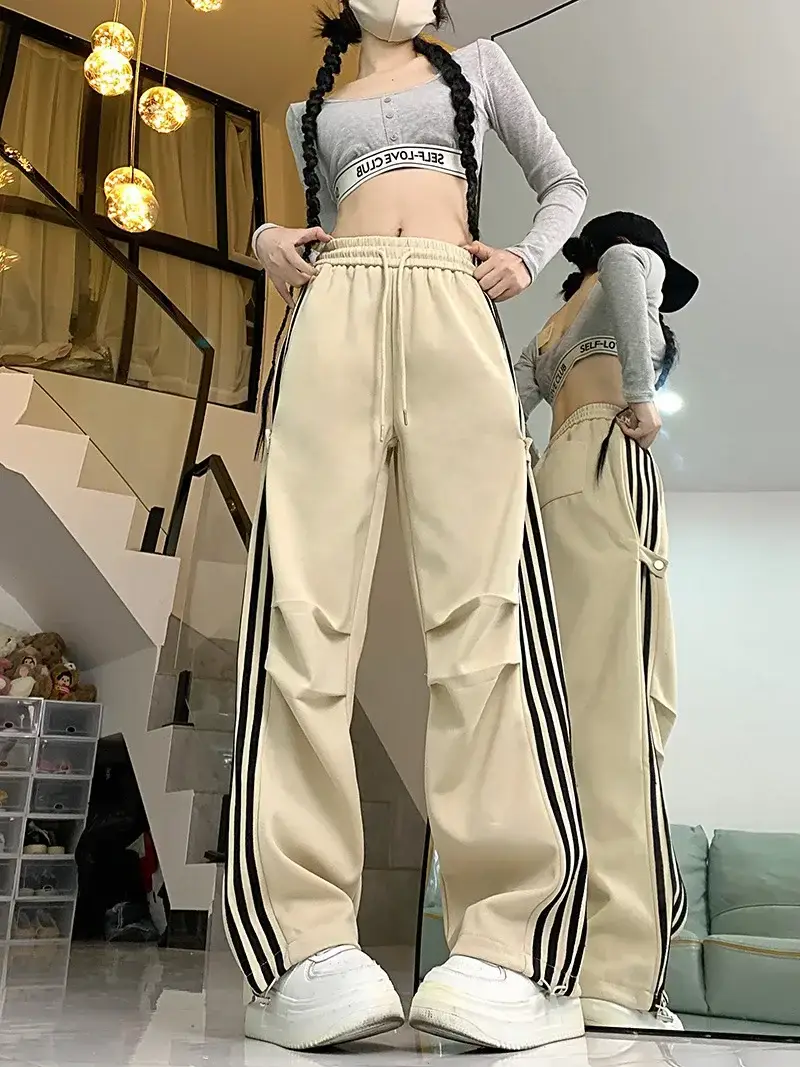 Women American Wide-leg Pants 2024 Spring Autumn Loose Straight Casual Ankle-Tied Sports Pants — feature 4