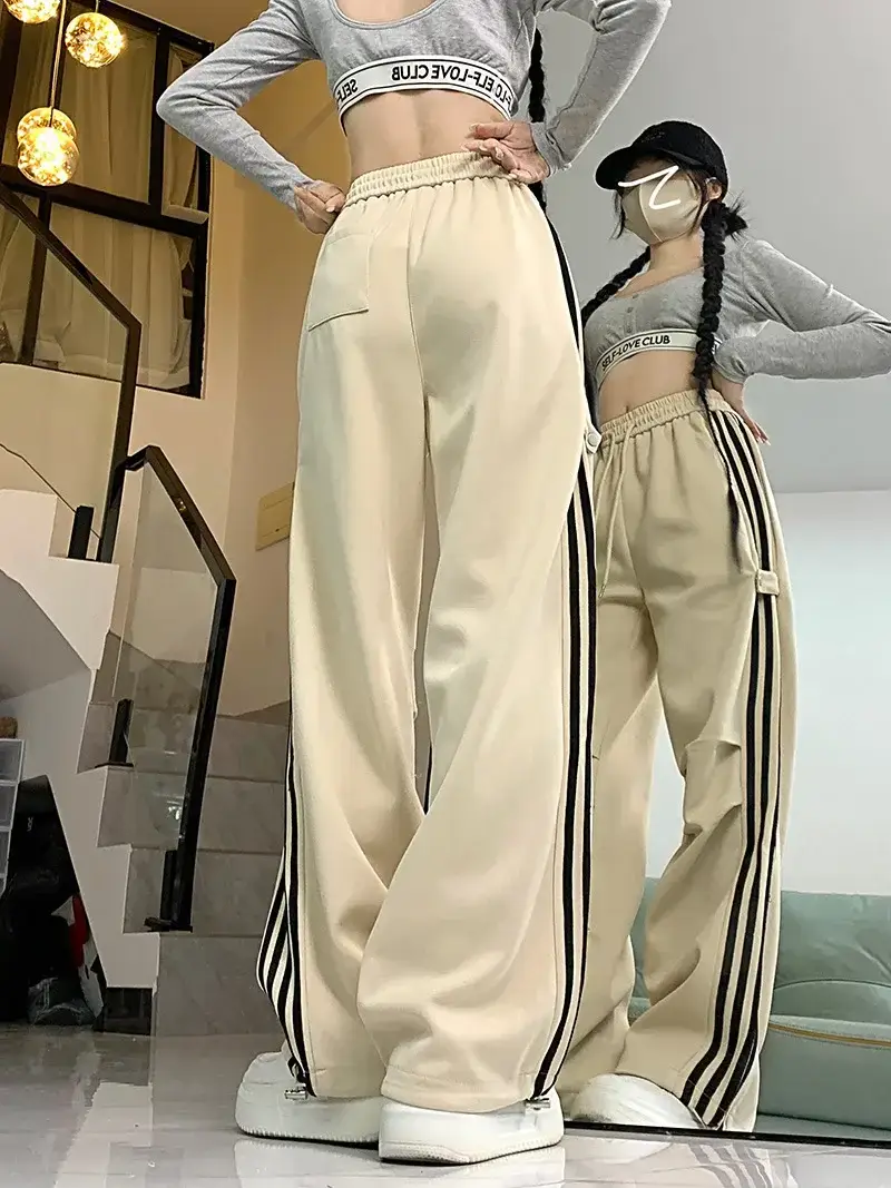 Women American Wide-leg Pants 2024 Spring Autumn Loose Straight Casual Ankle-Tied Sports Pants — feature 5