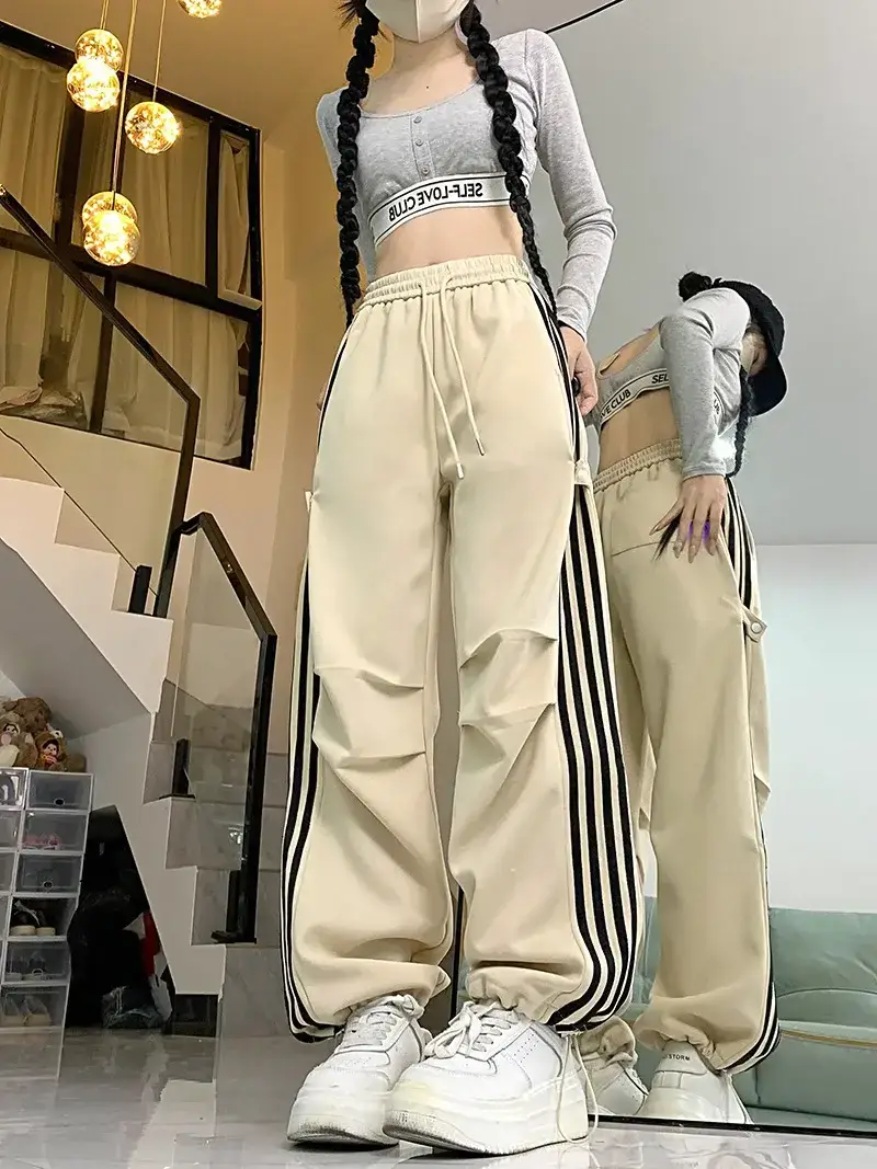 Women American Wide-leg Pants 2024 Spring Autumn Loose Straight Casual Ankle-Tied Sports Pants — feature 7