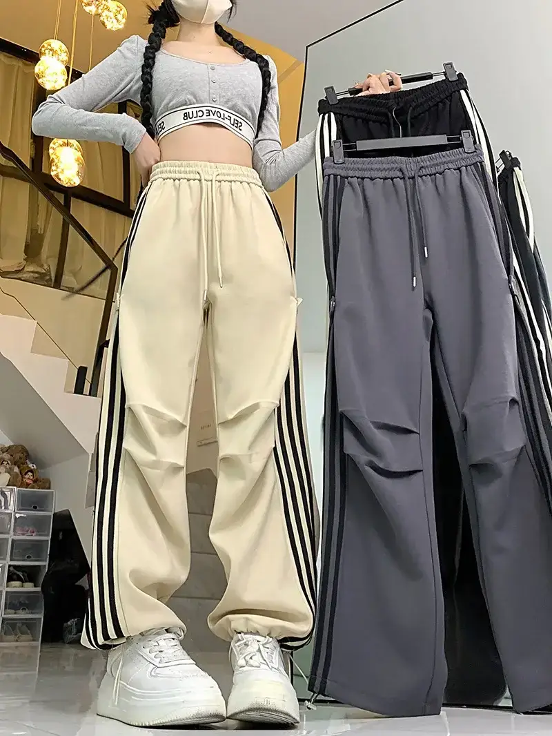 Women American Wide-leg Pants 2024 Spring Autumn Loose Straight Casual Ankle-Tied Sports Pants — feature 8