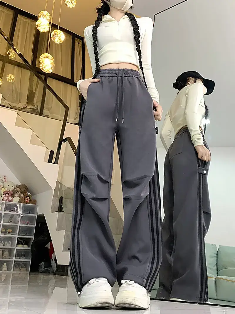 Women American Wide-leg Pants 2024 Spring Autumn Loose Straight Casual Ankle-Tied Sports Pants — feature 9