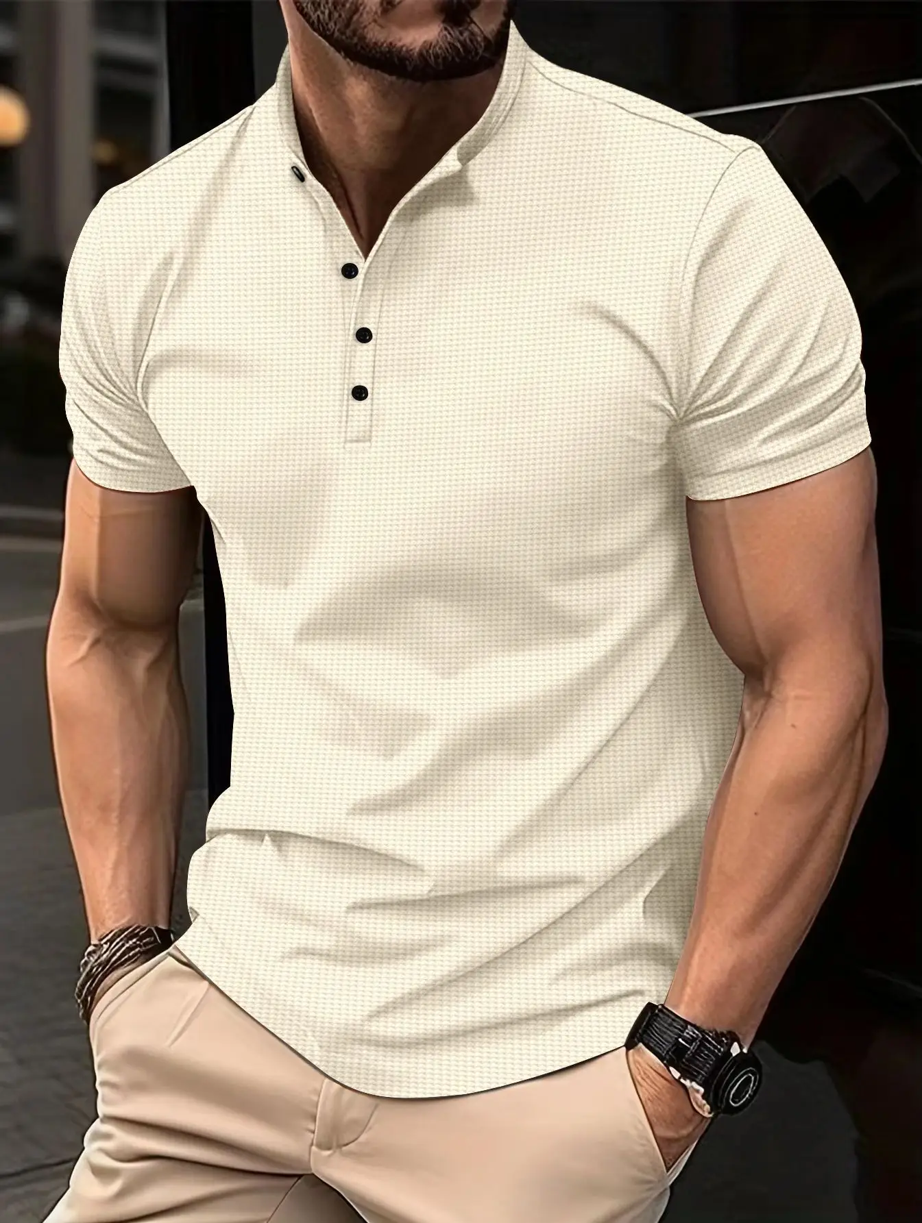 Men Button Collar Polo Shirt Cream 2024 - Image 2