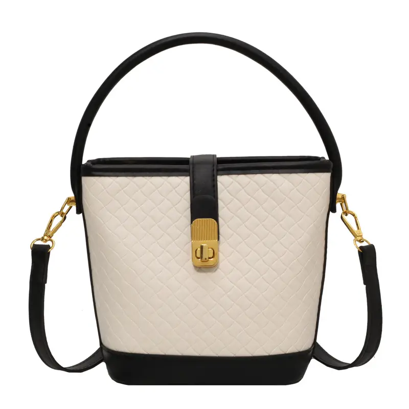Women's Quilted Shoulder Bag Black White Gold Clasp - Image 9