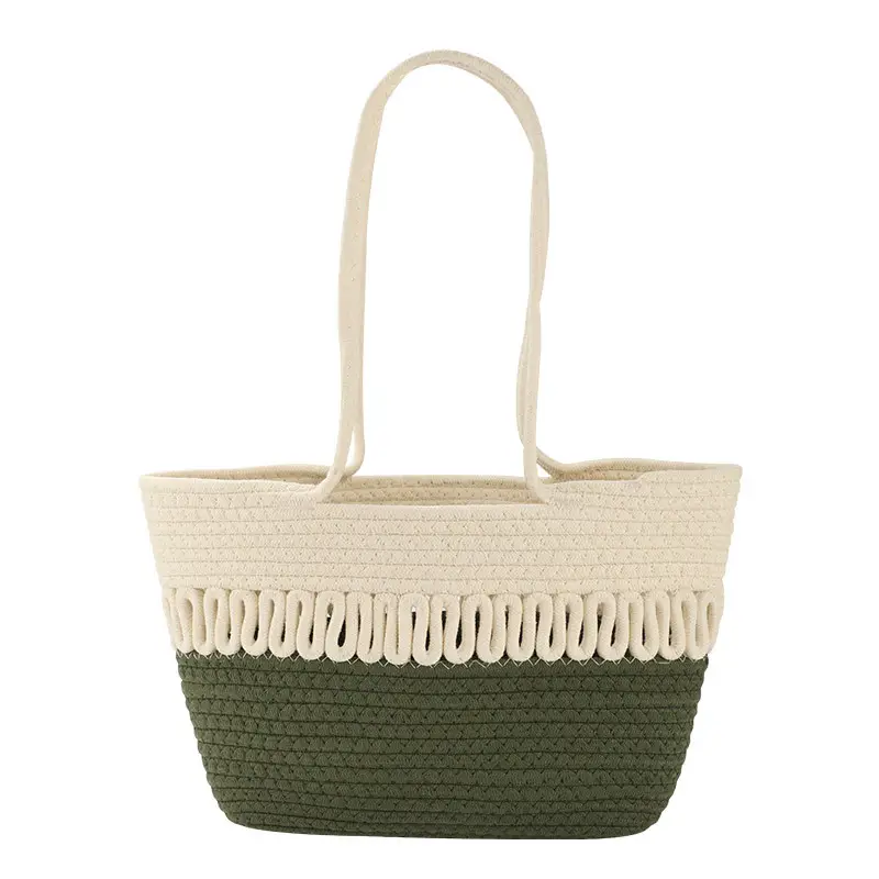 Women Textured Straw Beach Tote Bag White Black - Image 6