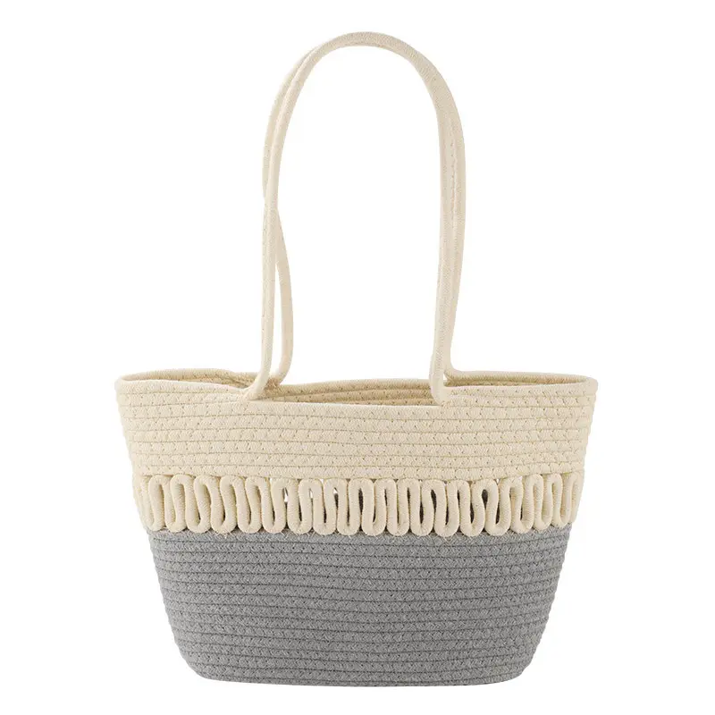 Women Textured Straw Beach Tote Bag White Black - Image 8