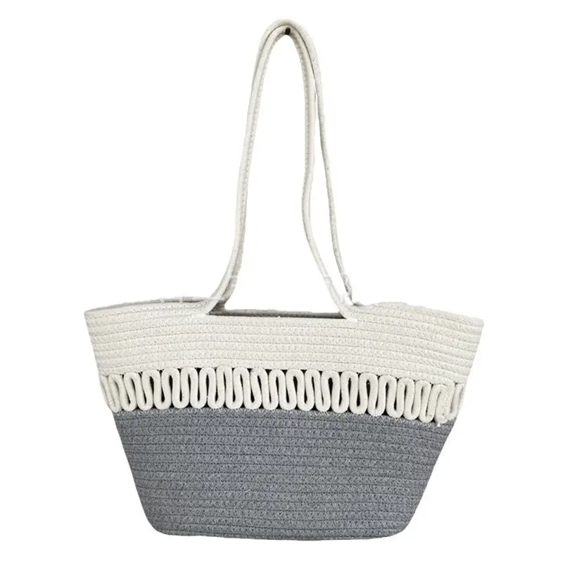 Women Textured Straw Beach Tote Bag White Black - Image 10