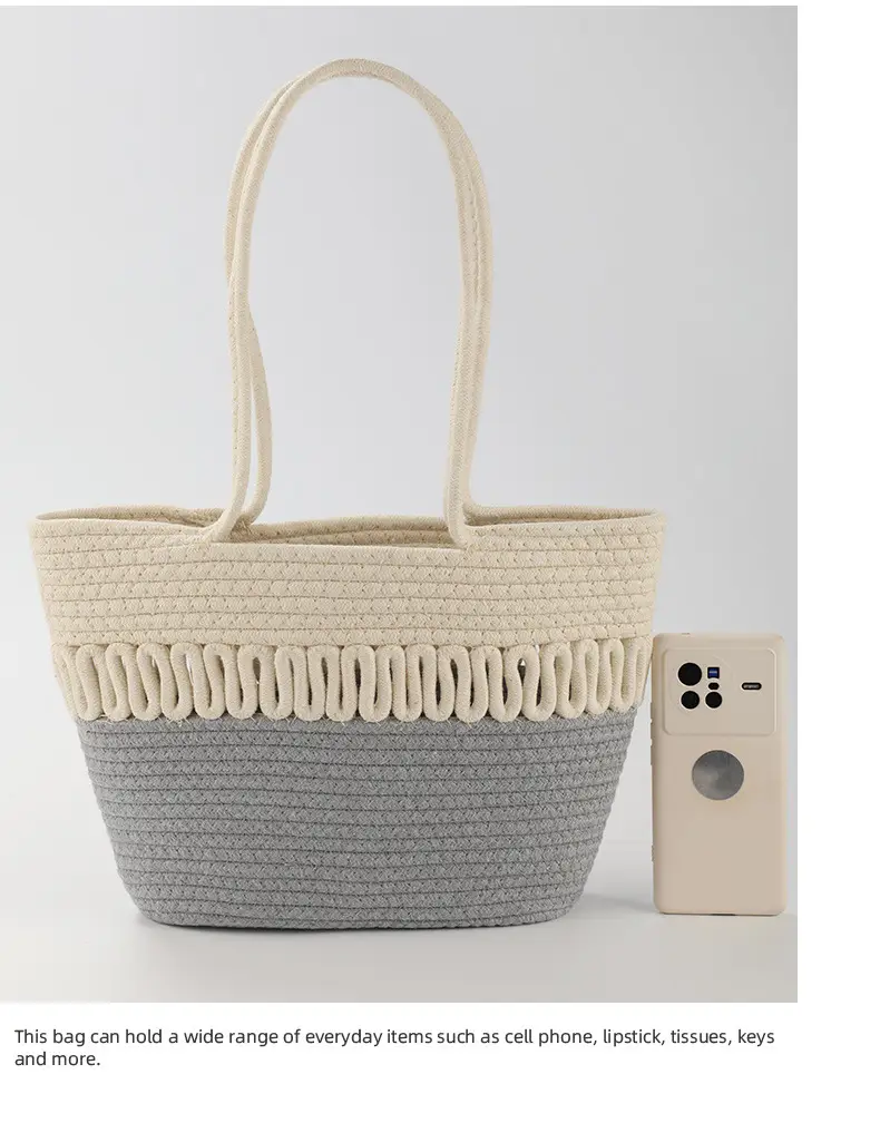 Women Textured Straw Beach Tote Bag White Black — feature 4