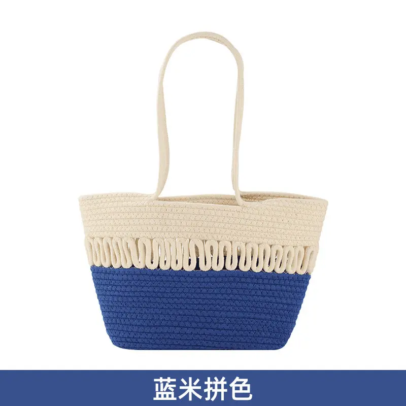 Women Textured Straw Beach Tote Bag White Black - Image 2