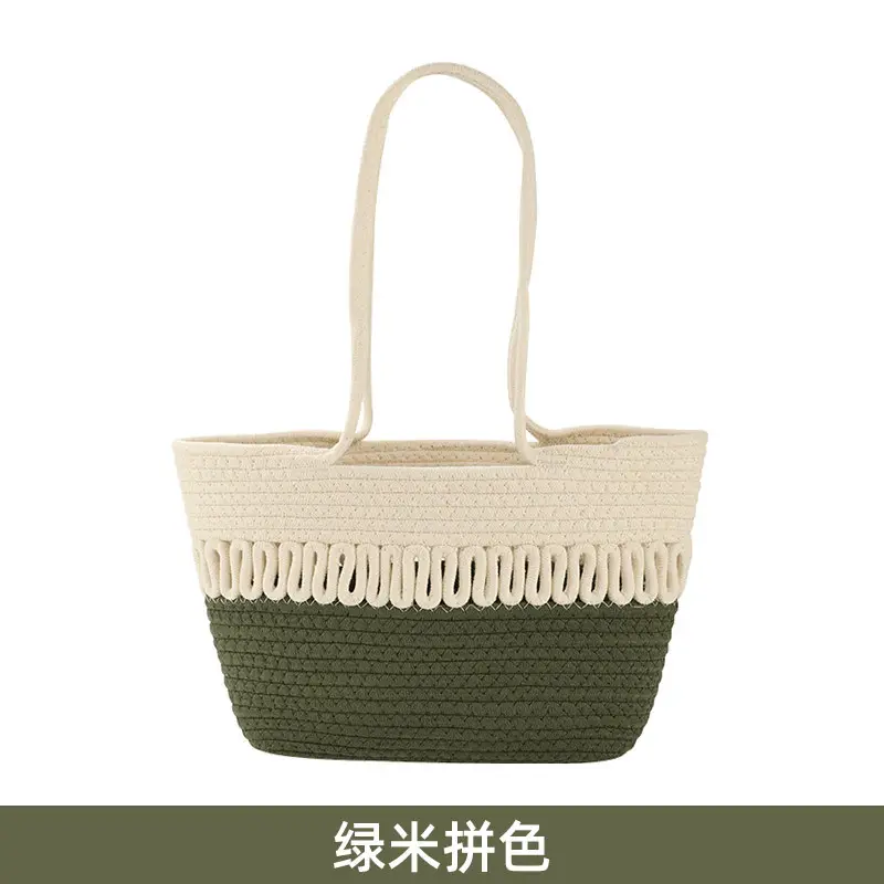 Women Textured Straw Beach Tote Bag White Black - Image 3
