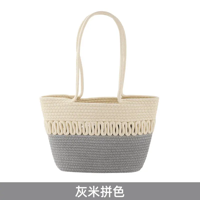 Women Textured Straw Beach Tote Bag White Black - Image 4