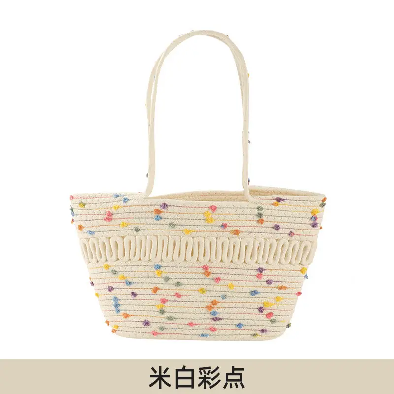 Women Textured Straw Beach Tote Bag White Black - Image 5