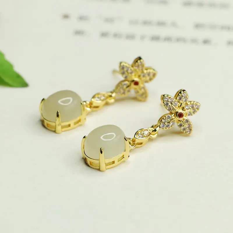 Jade Claw Inlaid Flower Earrings Gold Plated - Image 2