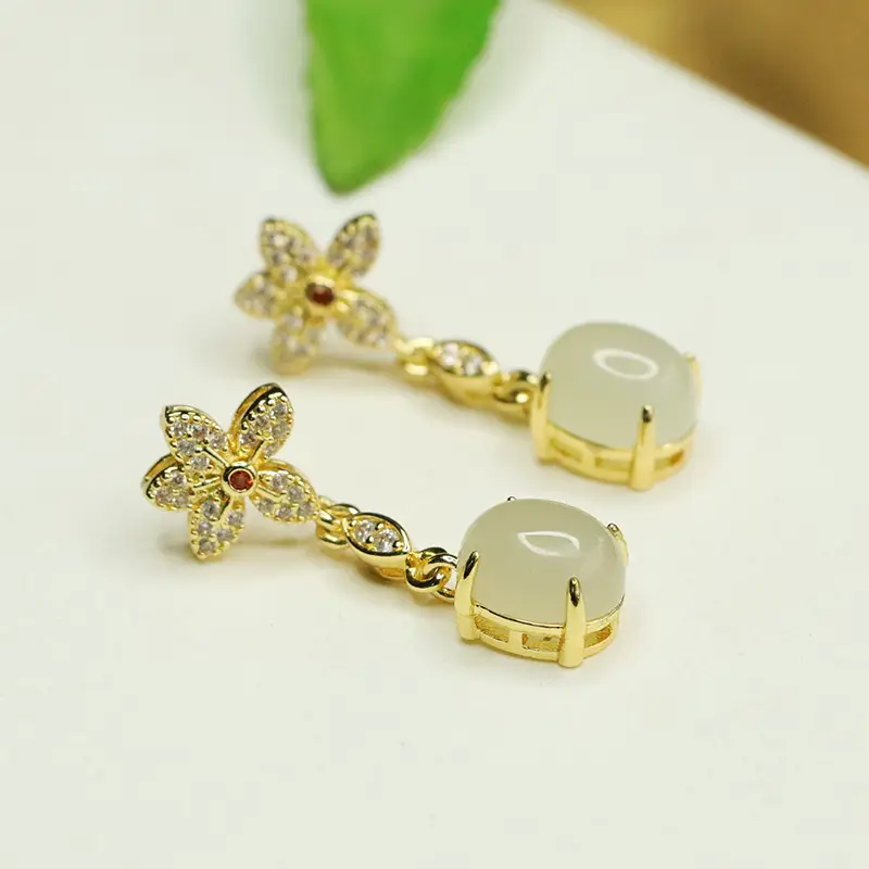 Jade Claw Inlaid Flower Earrings Gold Plated - Image 3