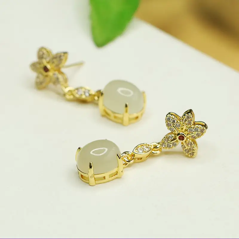 Jade Claw Inlaid Flower Earrings Gold Plated - Image 4