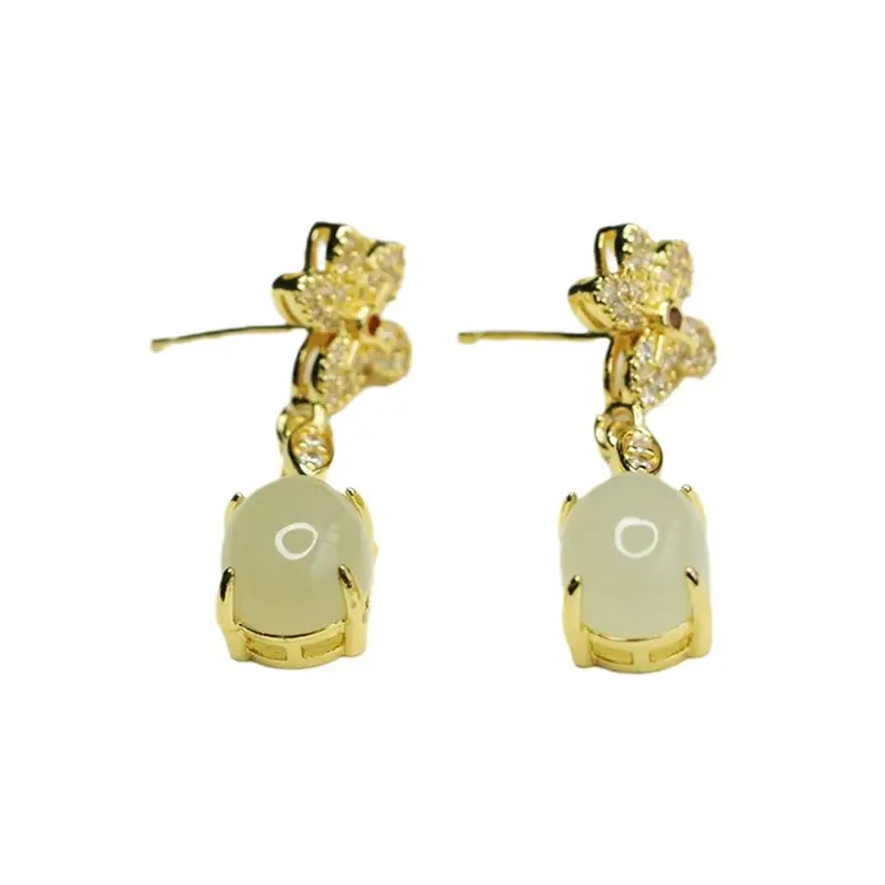 Jade Claw Inlaid Flower Earrings Gold Plated - Image 5