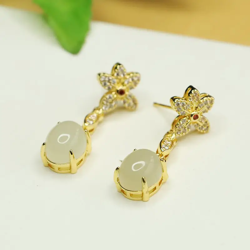 Jade Claw Inlaid Flower Earrings Gold Plated — feature 1