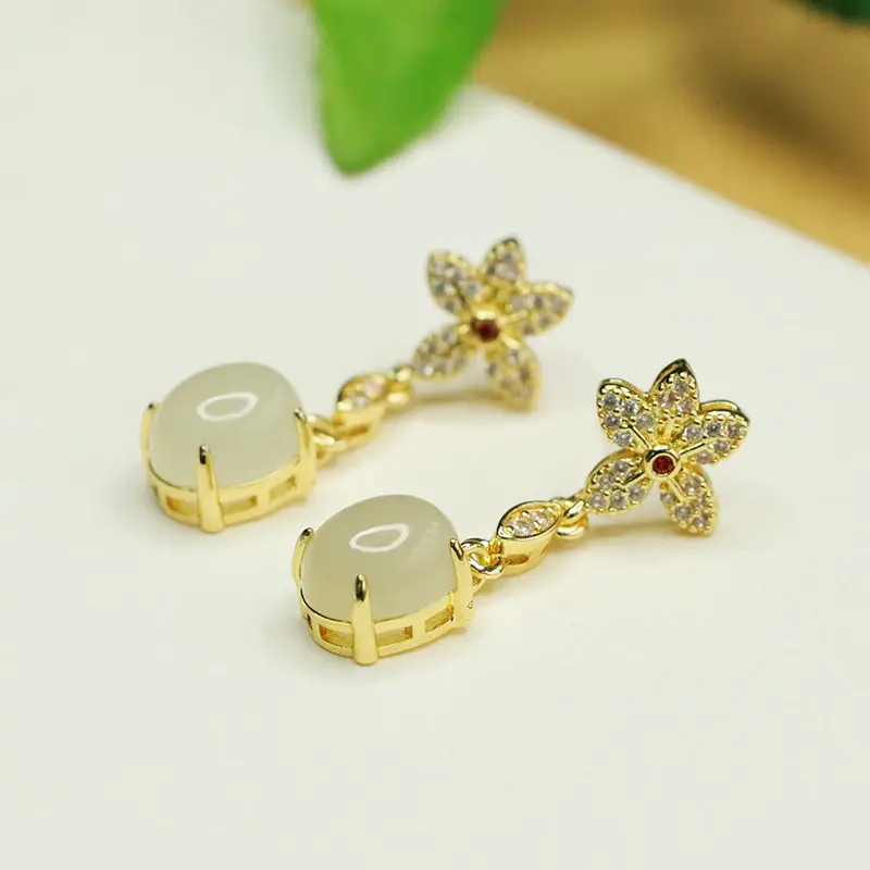 Jade Claw Inlaid Flower Earrings Gold Plated — feature 3