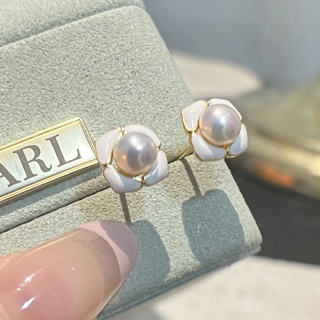 Small Petal Pearl Earrings 5-6mm Bright White - Image 3