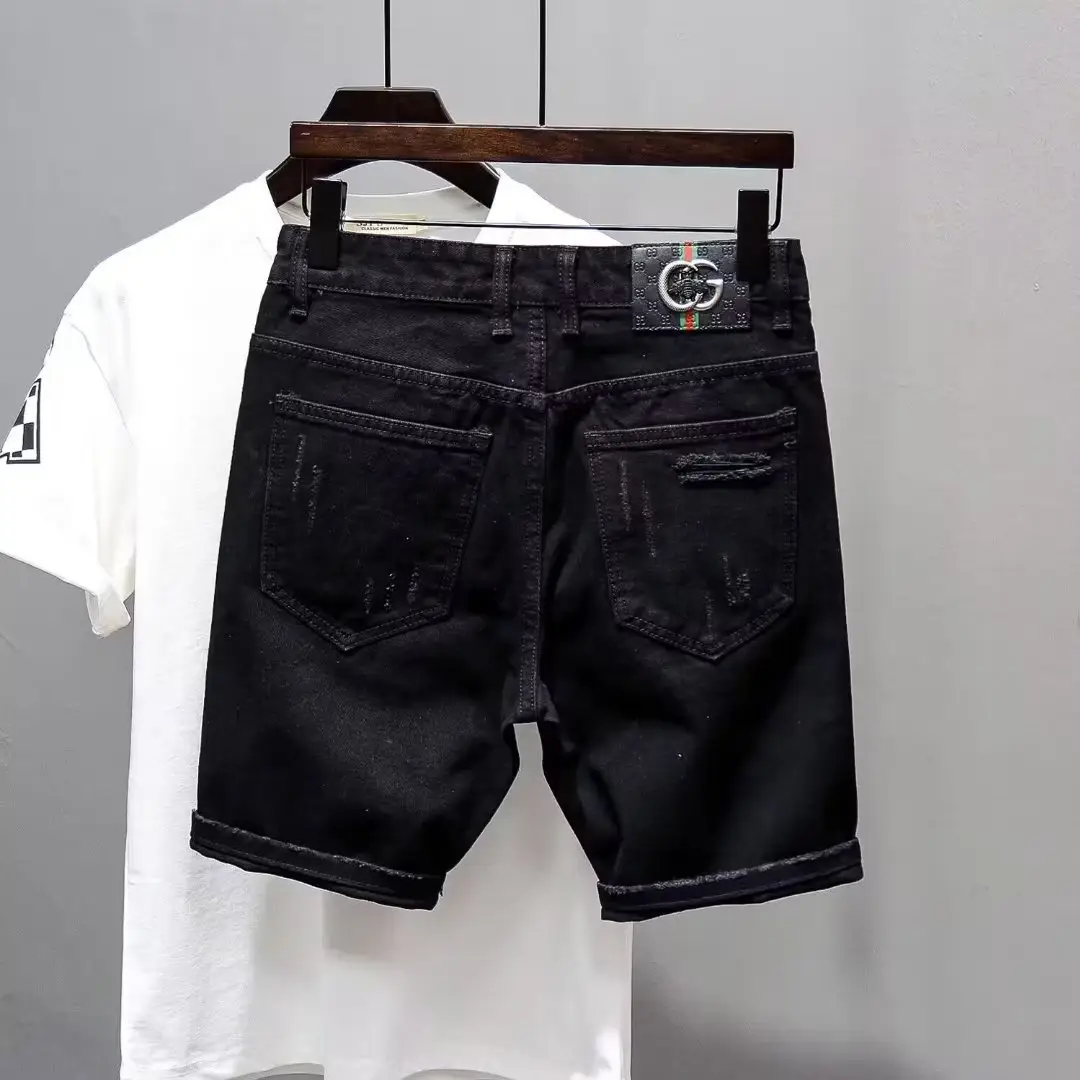 Men Black Denim Shorts with Sequins Washed Slim Fit - Image 3