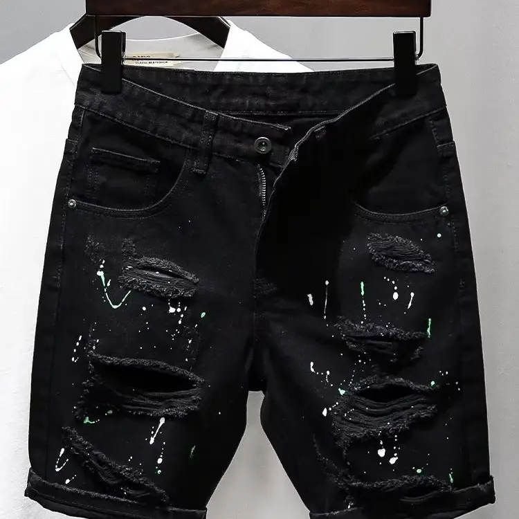 Men Black Denim Shorts with Sequins Washed Slim Fit - Image 5
