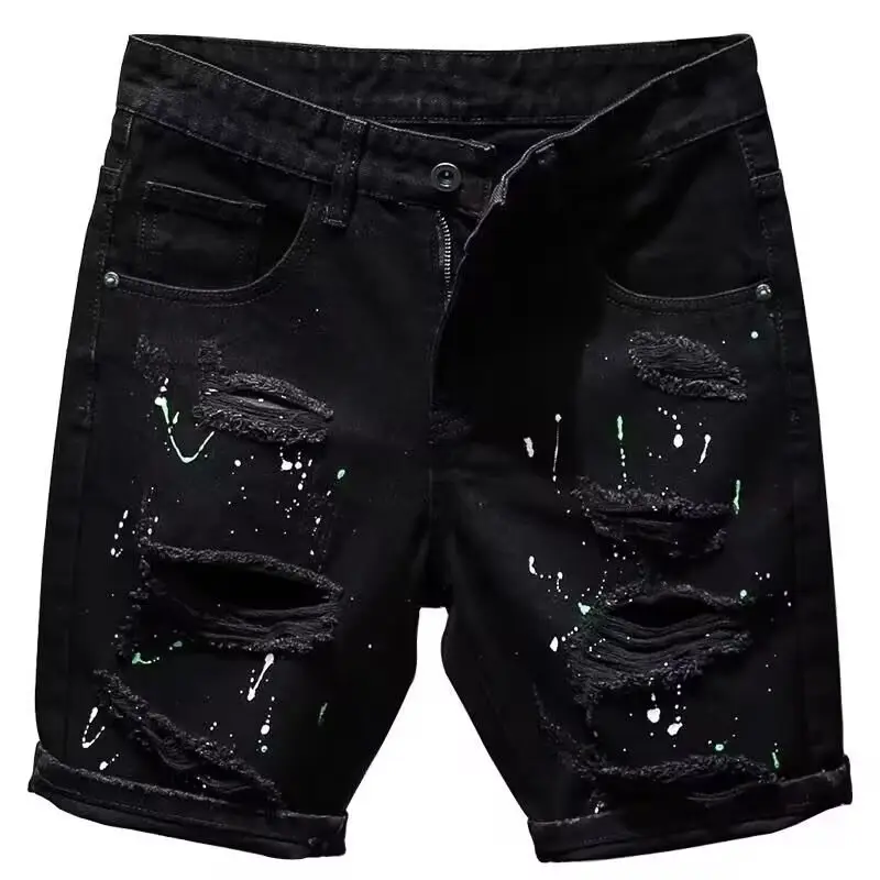Men Black Denim Shorts with Sequins Washed Slim Fit - Image 6