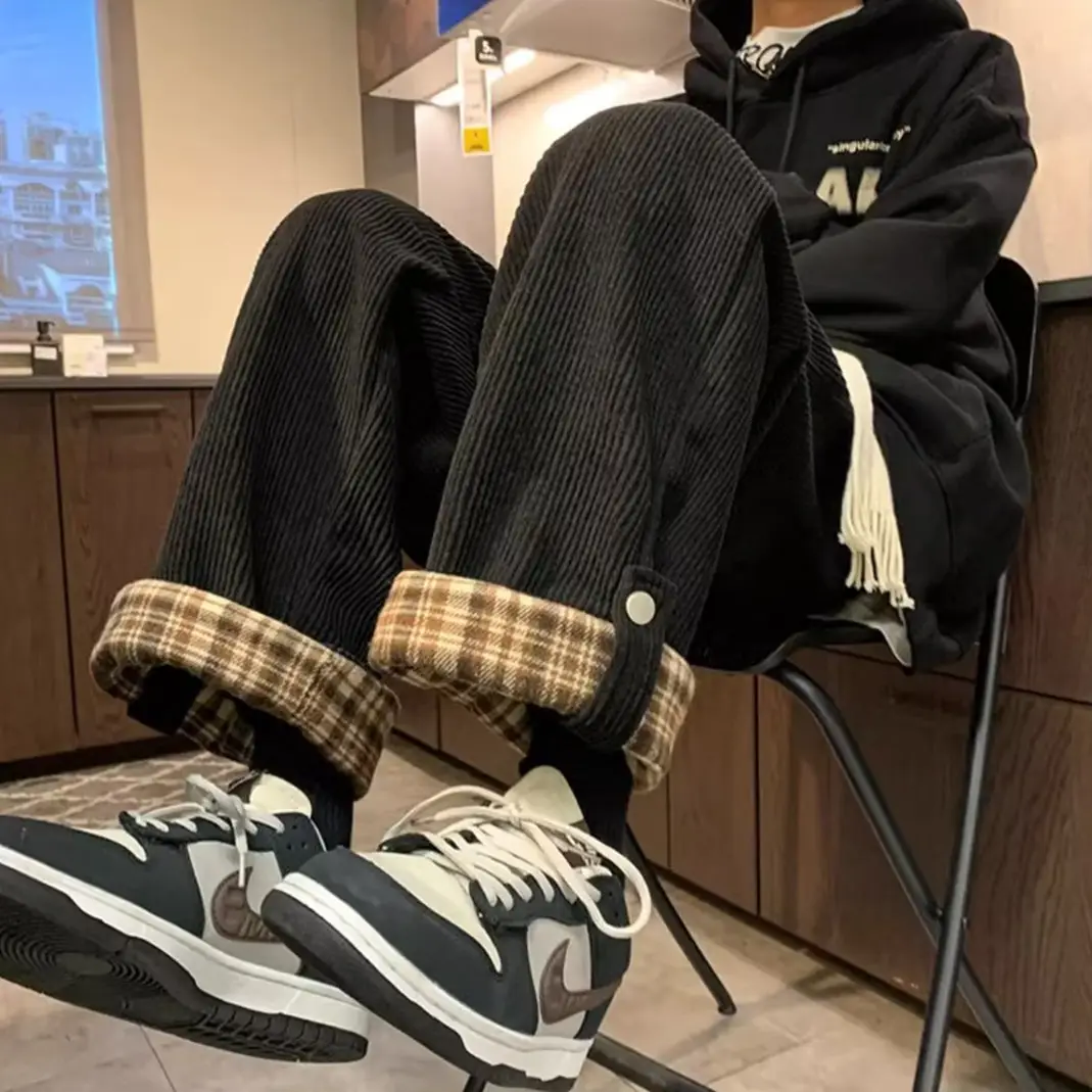 Men's Corduroy Plaid Cuff Pants Brown