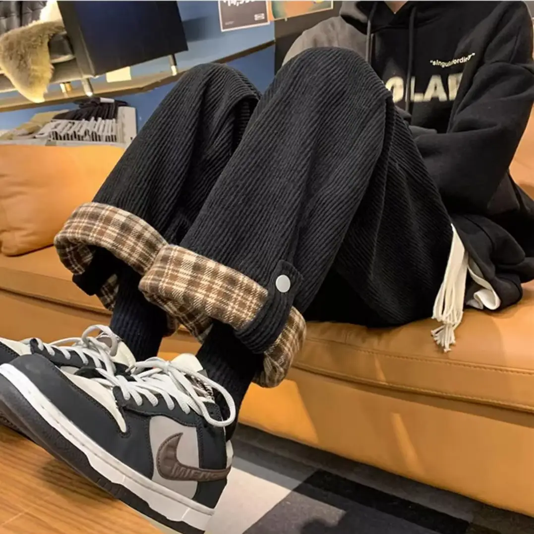 Men's Corduroy Plaid Cuff Pants Brown