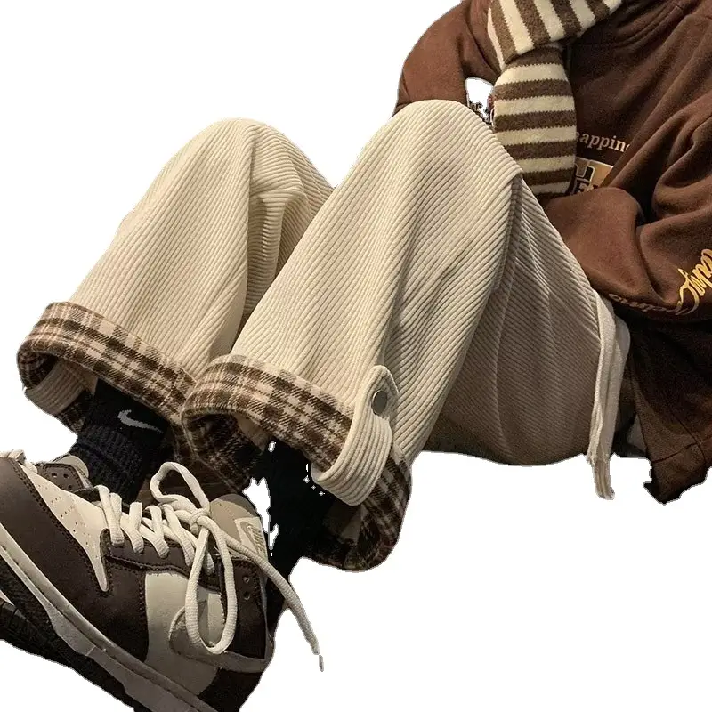 Men's Corduroy Plaid Cuff Pants Brown