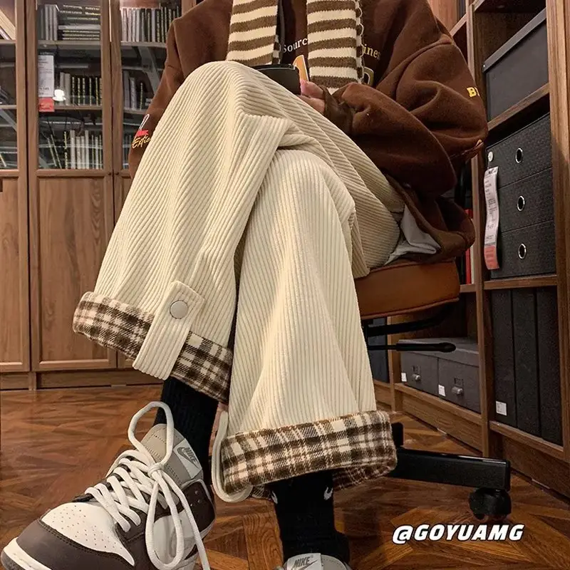 Men's Corduroy Plaid Cuff Pants Brown — feature 13