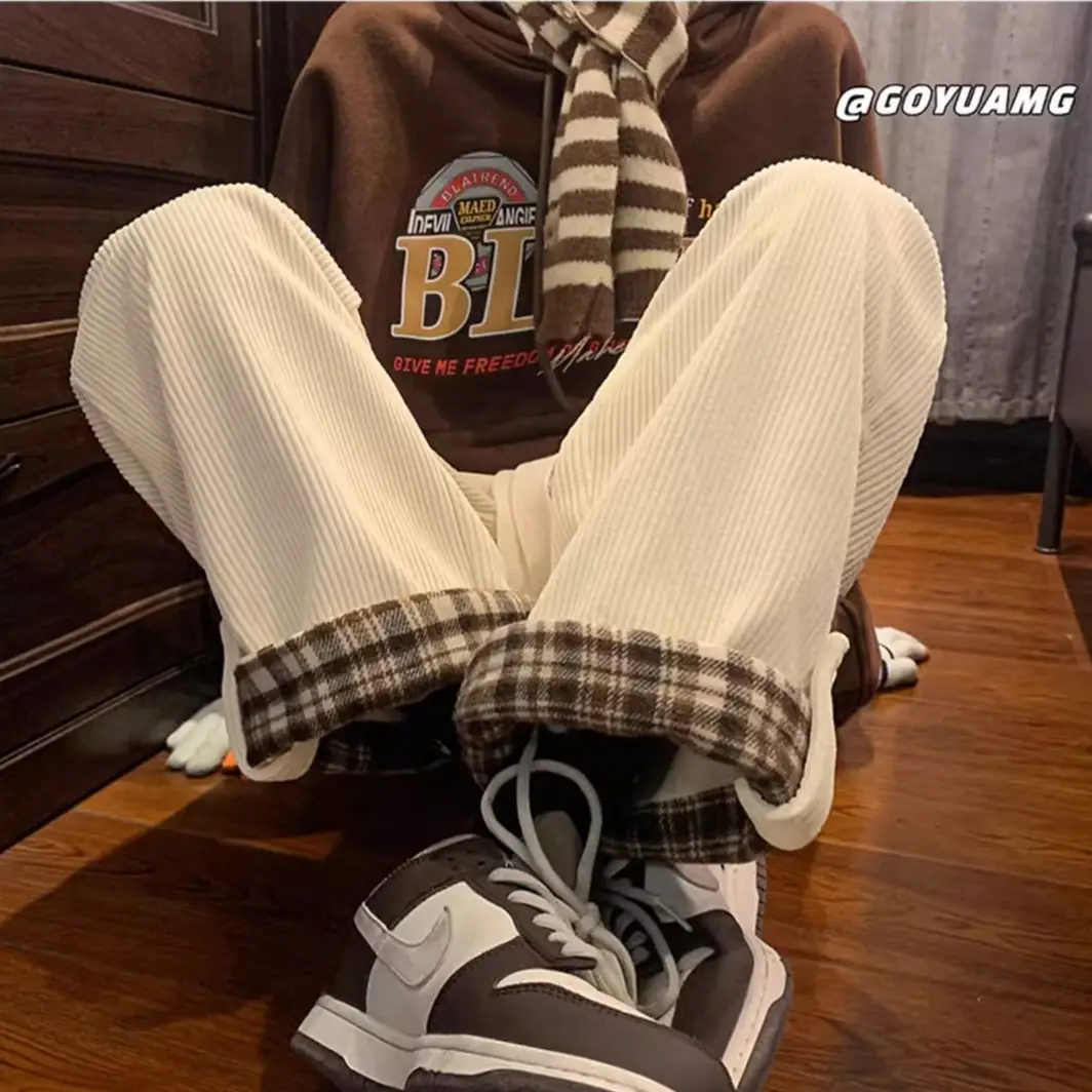 Men's Corduroy Plaid Cuff Pants Brown — feature 14