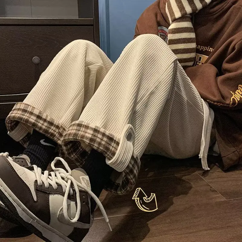 Men's Corduroy Plaid Cuff Pants Brown — feature 15