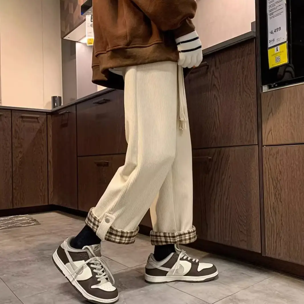 Men's Corduroy Plaid Cuff Pants Brown — feature 17
