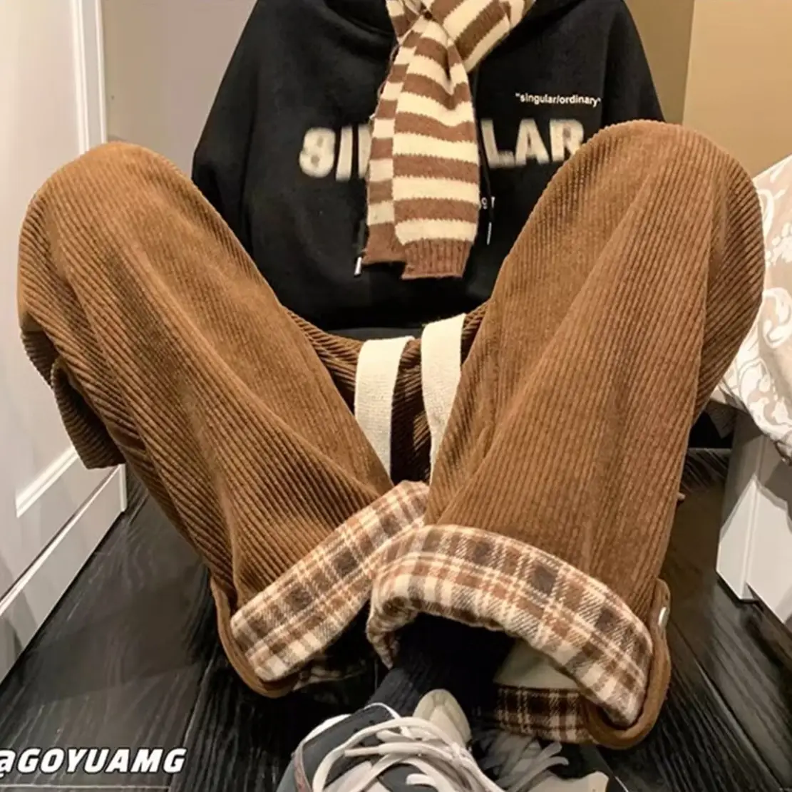 Men's Corduroy Plaid Cuff Pants Brown — feature 18