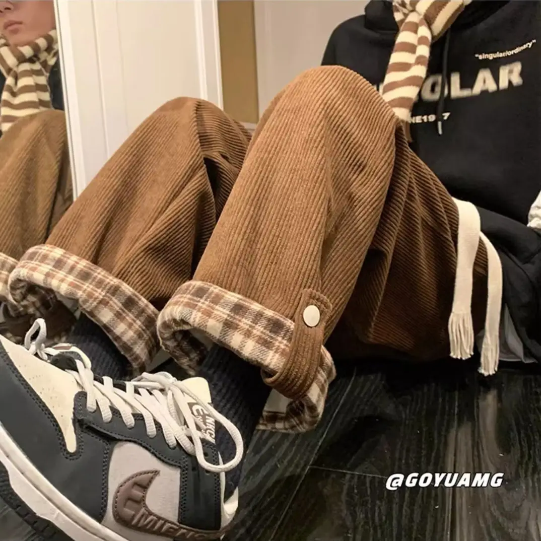 Men's Corduroy Plaid Cuff Pants Brown — feature 19