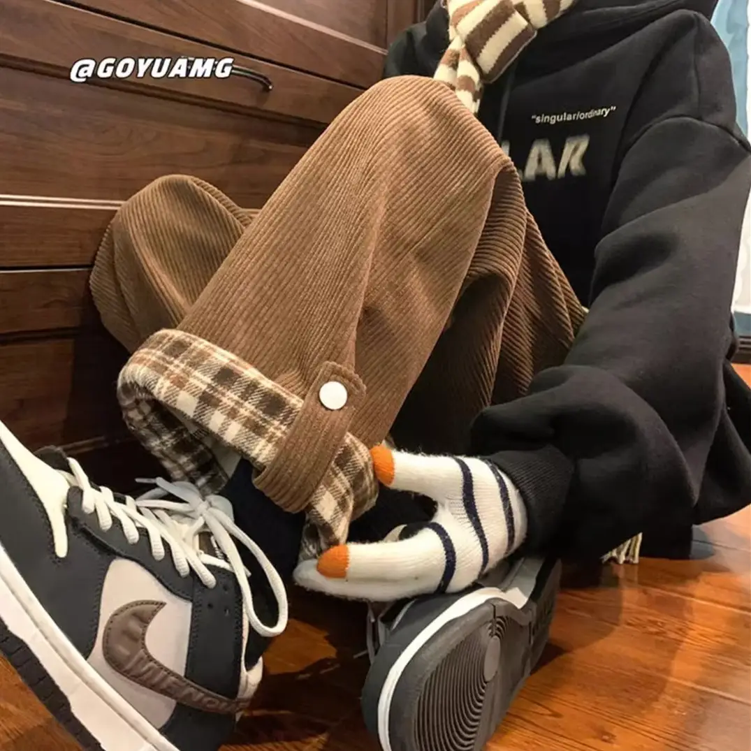 Men's Corduroy Plaid Cuff Pants Brown — feature 20