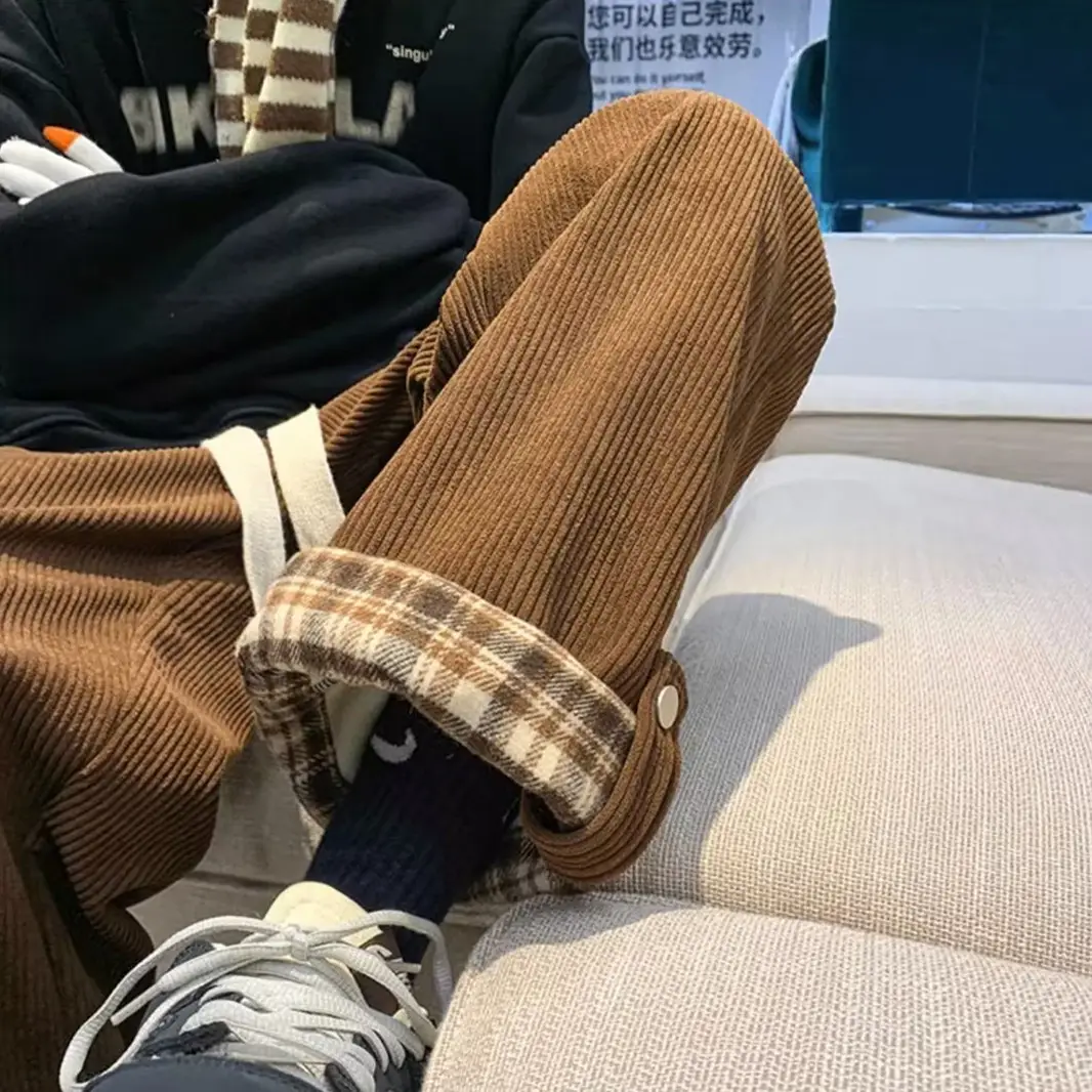 Men's Corduroy Plaid Cuff Pants Brown — feature 21