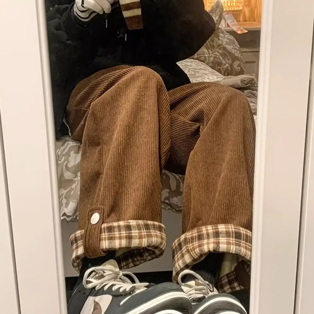 Men's Corduroy Plaid Cuff Pants Brown — feature 22