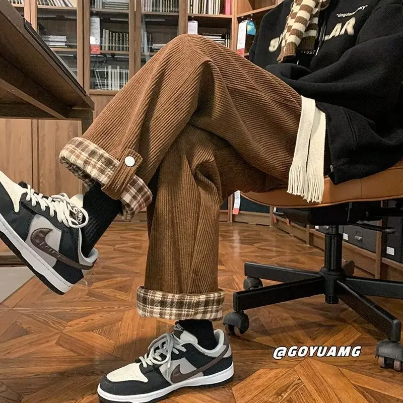 Men's Corduroy Plaid Cuff Pants Brown — feature 25